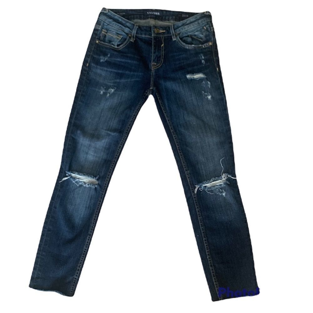 Vigoss The Chelsea Distressed Skinny Dark Wash Mid Rise Skinny Jeans Size 25